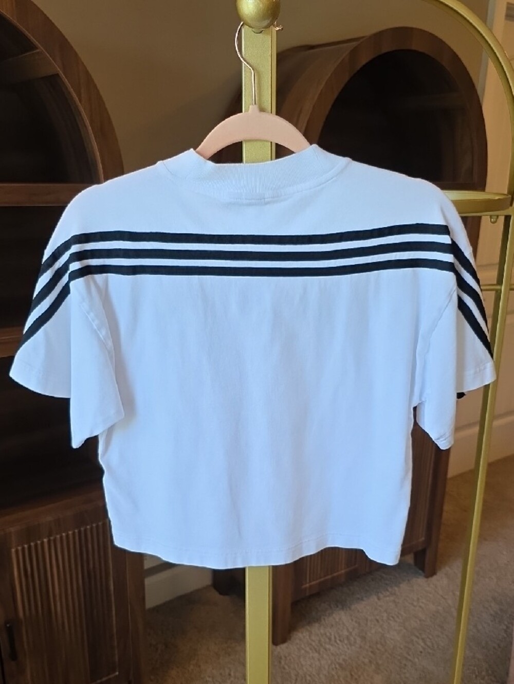 adidas White Short-Sleeve Cropped Tee with Black Shoulder Stripes - Picture 3 of 3